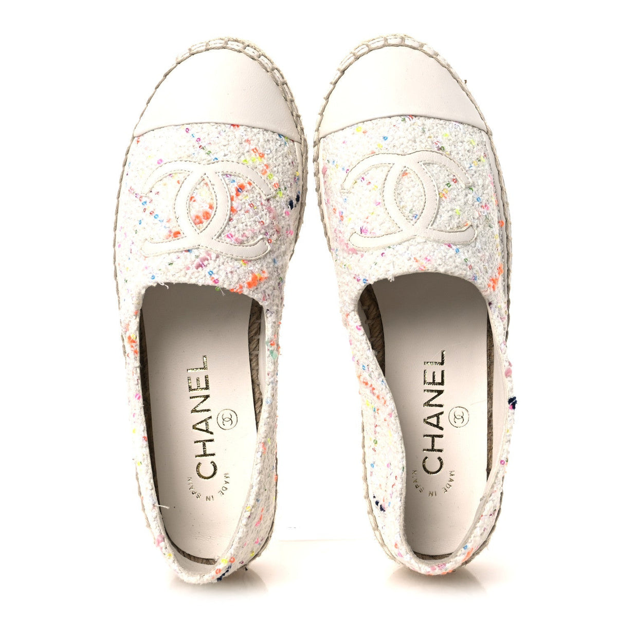 Chanel Glittered Tweed Lambskin Women's CC Espadrilles 36 White Multicolor