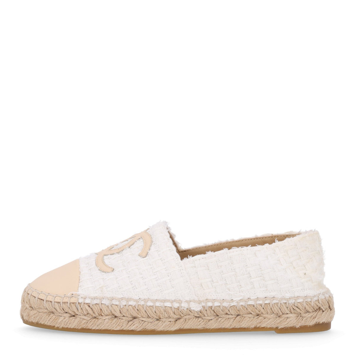 Chanel Tweed Grosgrain Women's CC Espadrilles 36 White Beige