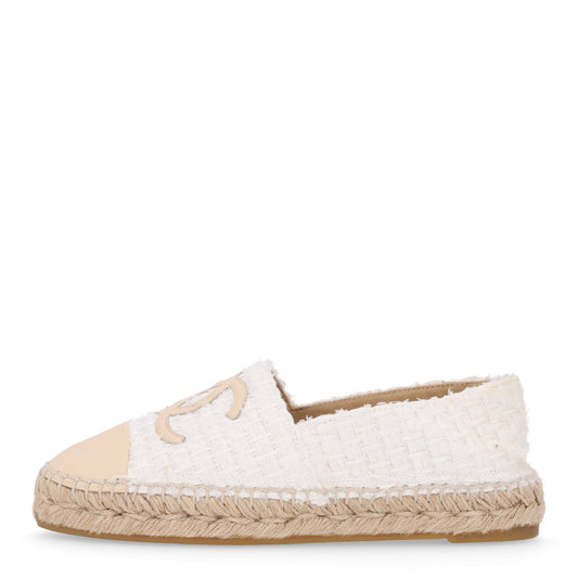 Chanel Tweed Grosgrain Women's CC Espadrilles 36 White Beige
