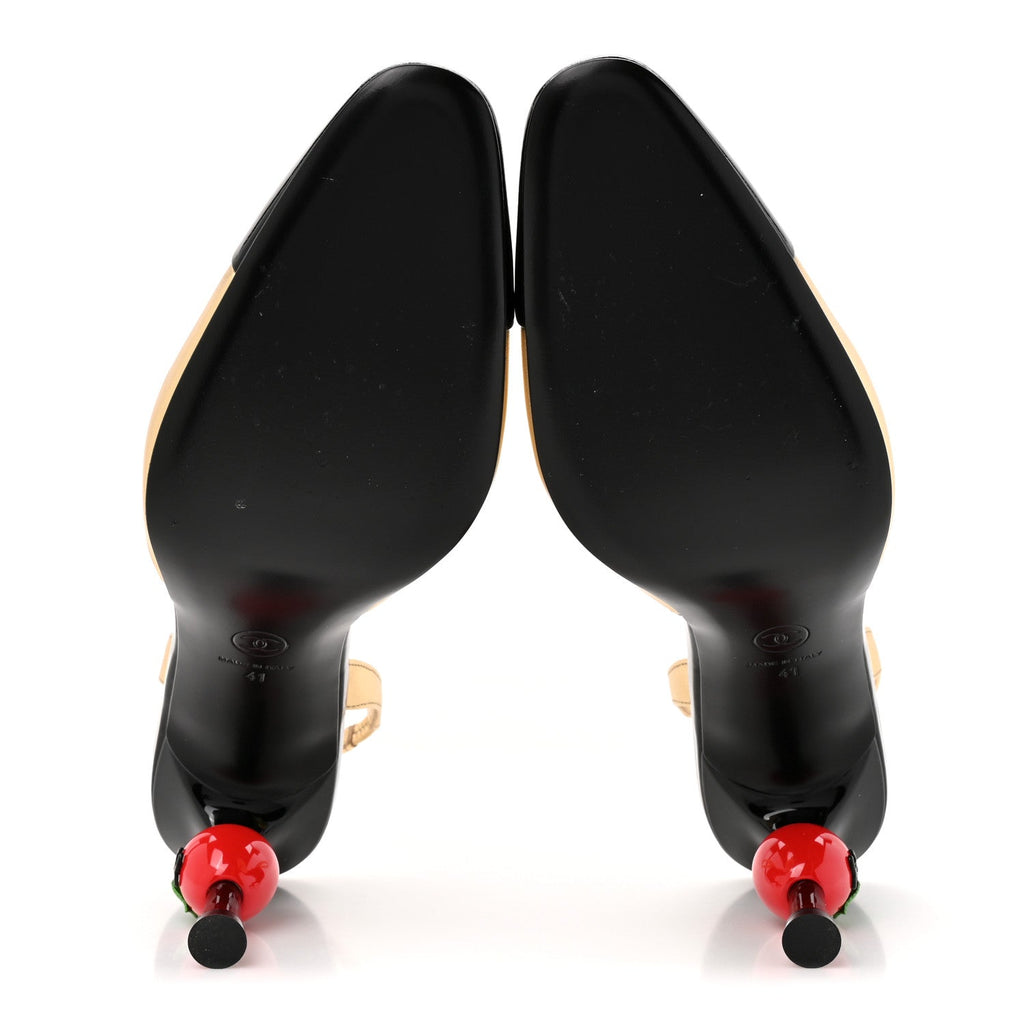 Chanel Lambskin Patent CC Apple Women's Slingback Pumps 41 Gold Black