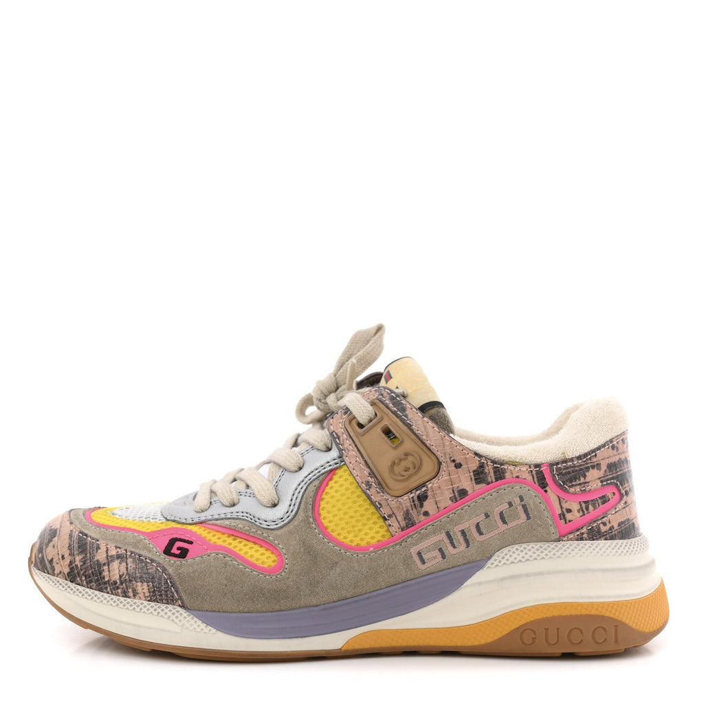 Gucci Suede Calfskin Tejus Printed Women's Ultrapace Sneakers 37.5 Pink Silver Oatmeal Yolk