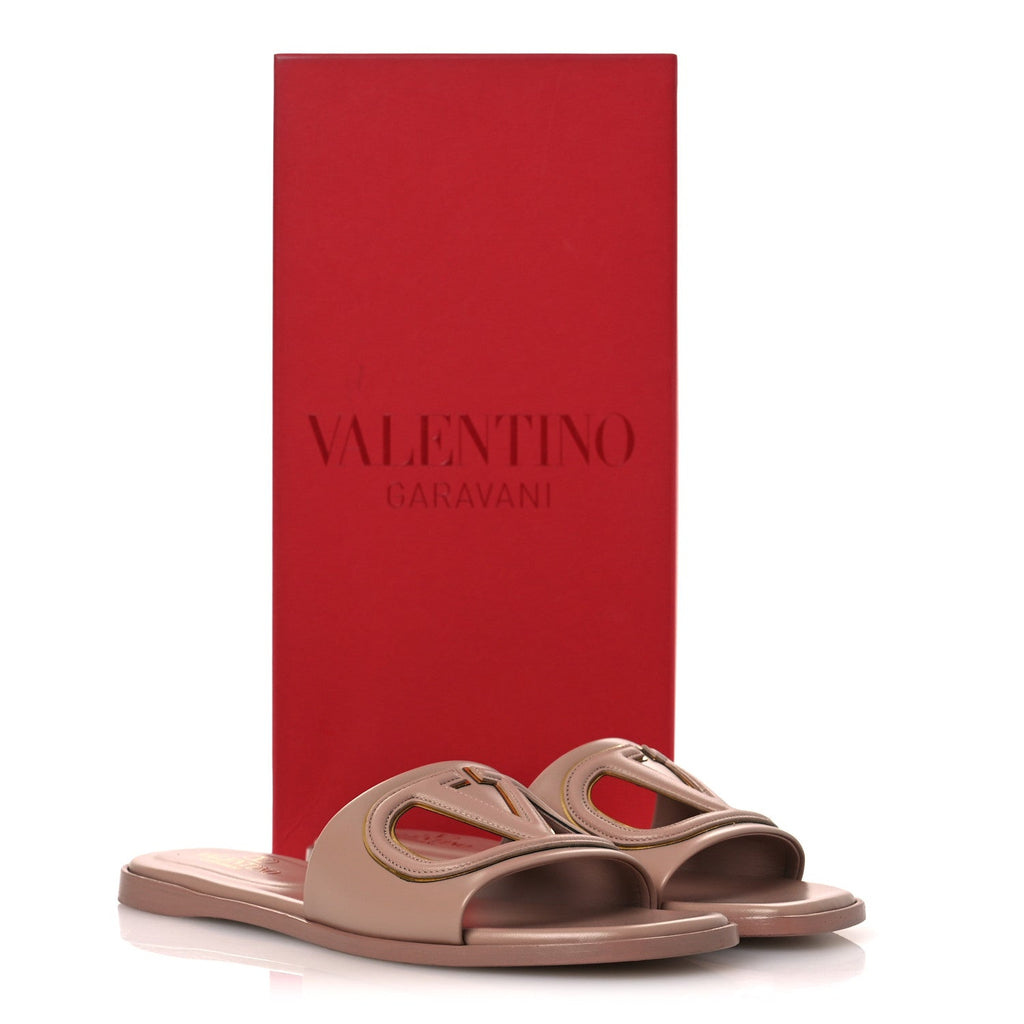 Valentino Garavani Calfskin Women's VLogo Cut Out Flat Slide Sandals 36.5 Rose