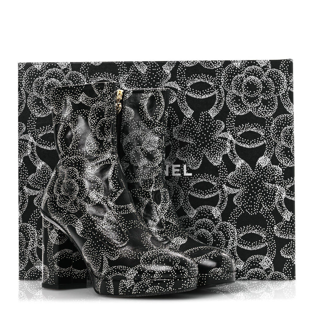 Chanel Calfskin Camellia Printed Women's Ankle Boots 38.5 Black White