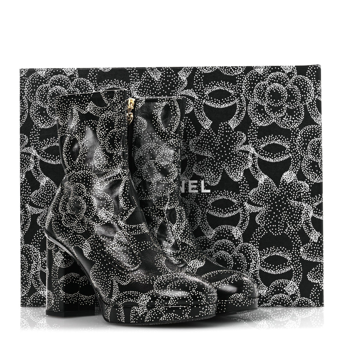 Chanel Calfskin Camellia Printed Women's Ankle Boots 38.5 Black White