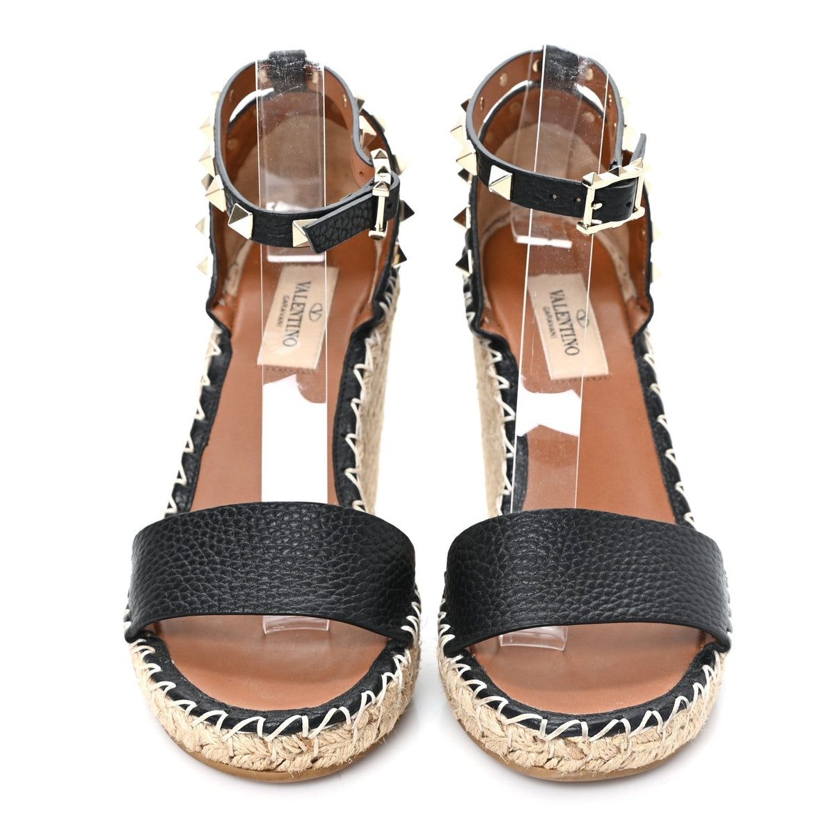 Valentino Garavani Grained Calfskin Women's Rockstud Espadrille Wedges 35 Black