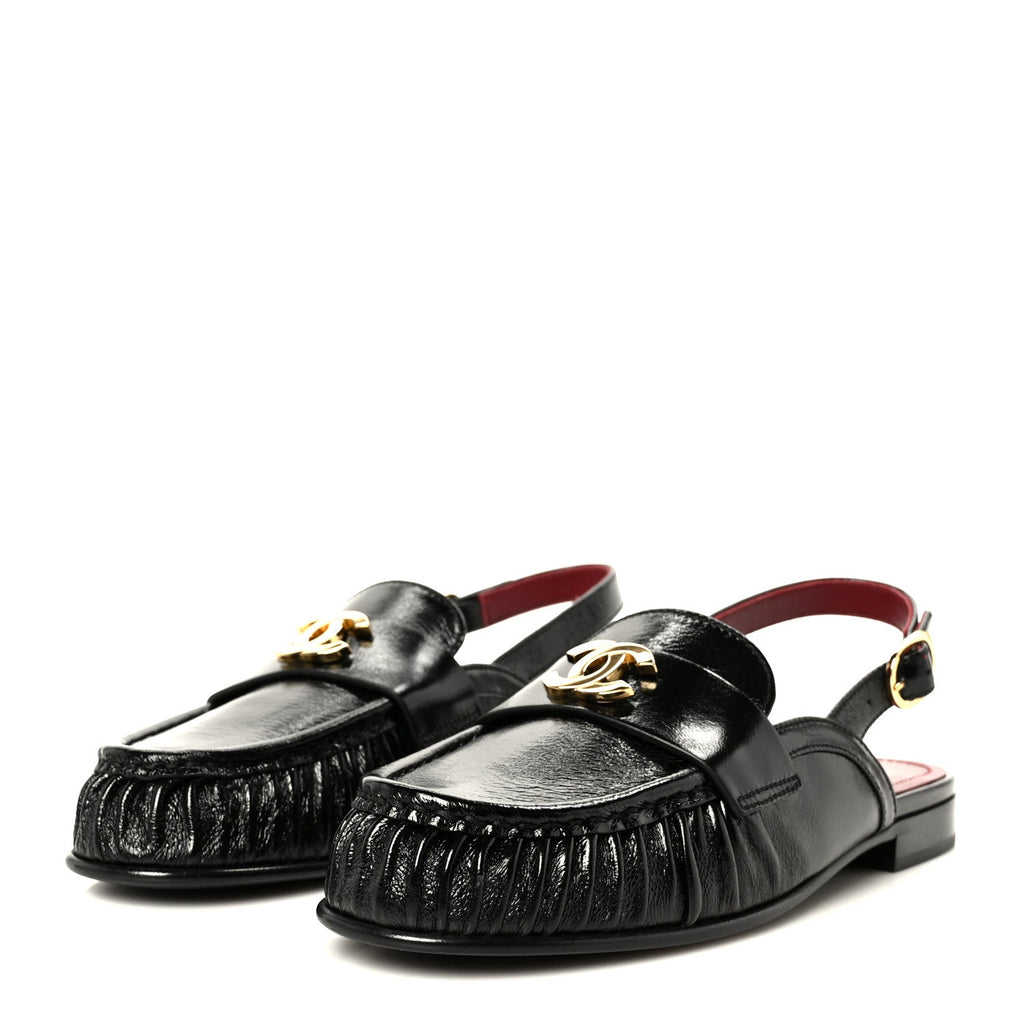 Chanel Crumpled Shiny Lambskin Women's CC Slingback Mocassin 38.5 Black