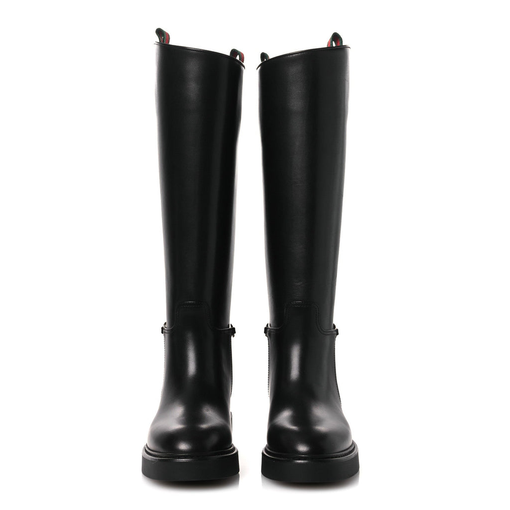 Gucci Shiny Calfskin Women's Michelangelo Slim Horsebit Riding Boots 38 Black