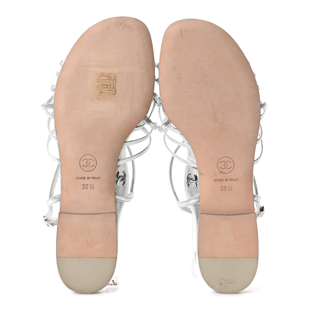 Chanel Laminated Lambskin Women's CC Sandals 36.5 Silver