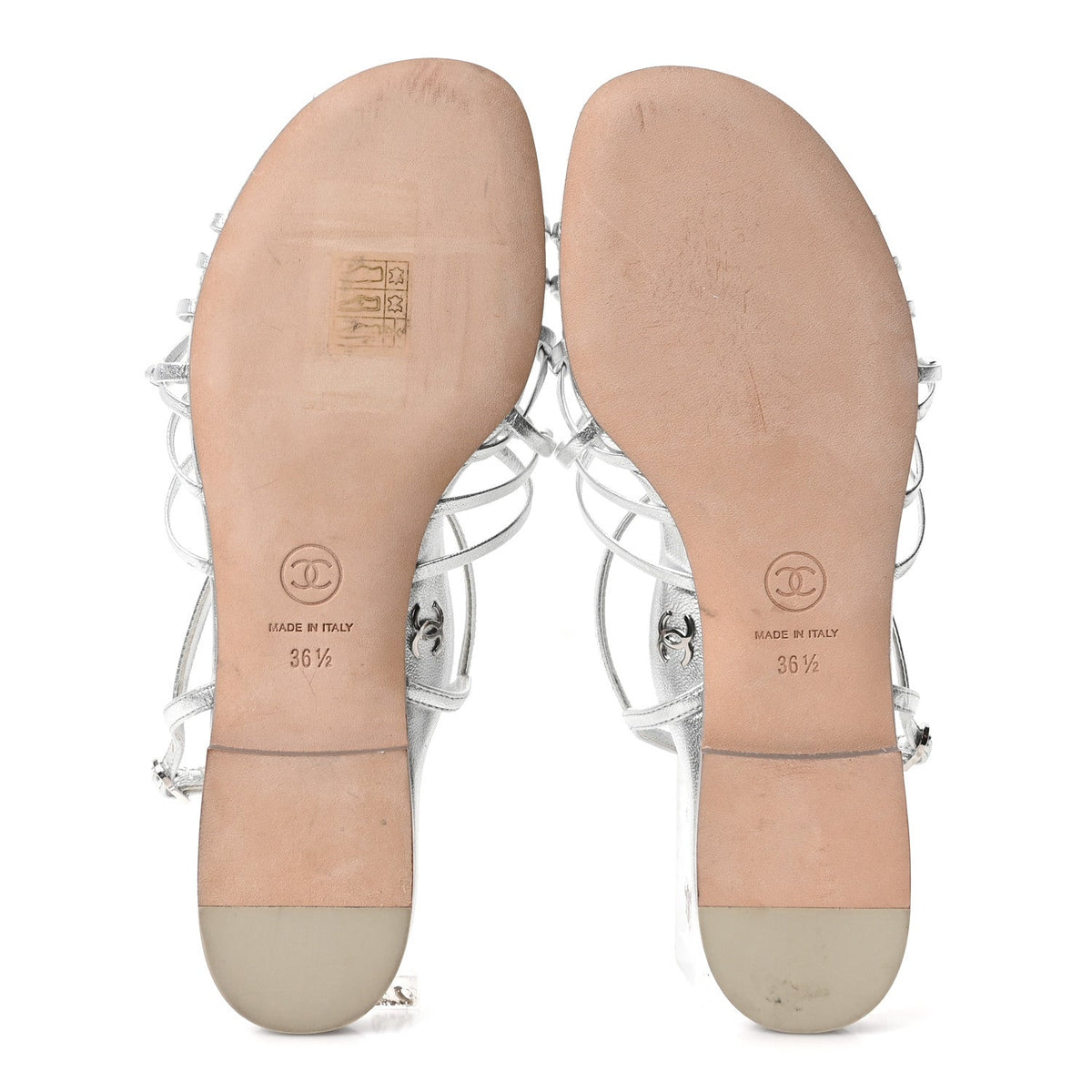 Chanel Laminated Lambskin Women's CC Sandals 36.5 Silver