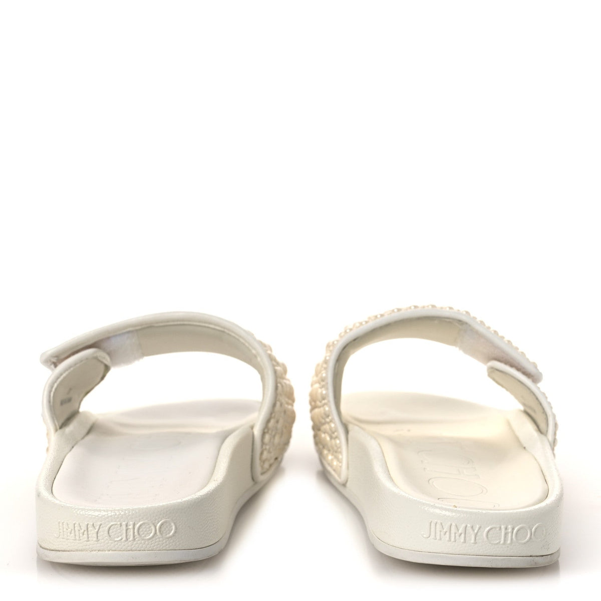 Jimmy Choo Canvas Rubber Women's Pearl Embellished Fitz Slide Sandals 37 White