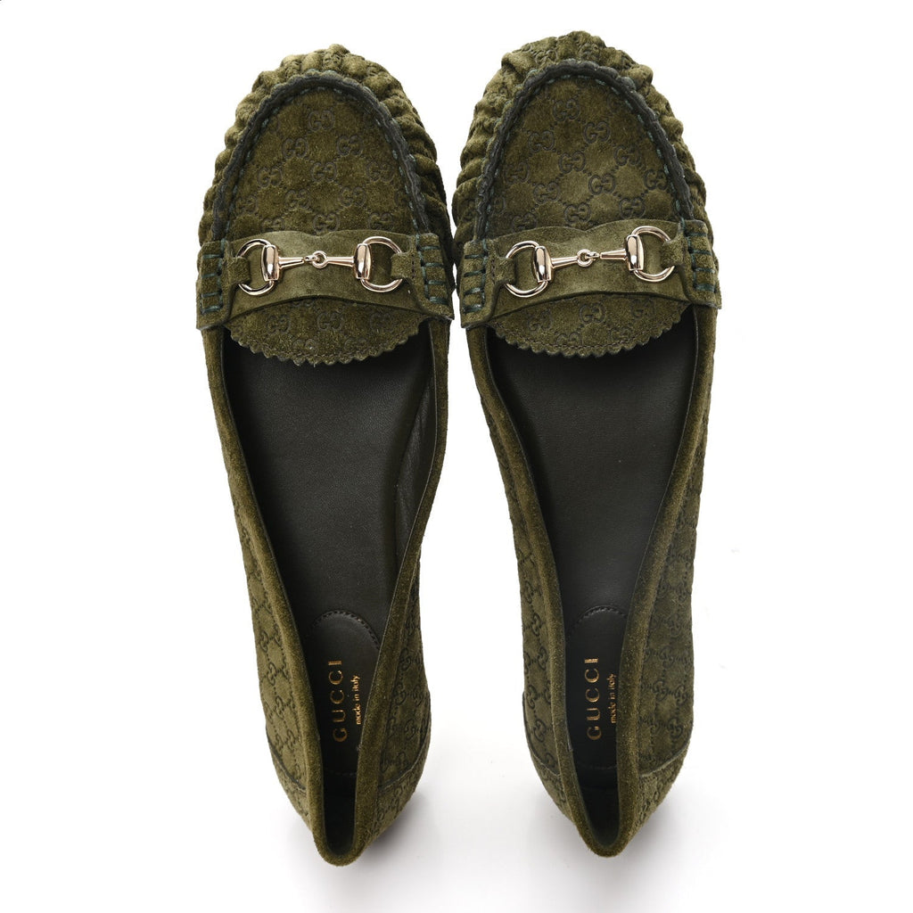 Gucci Suede Women's Micro GG Horsebit Kensington Loafers 38.5 Green