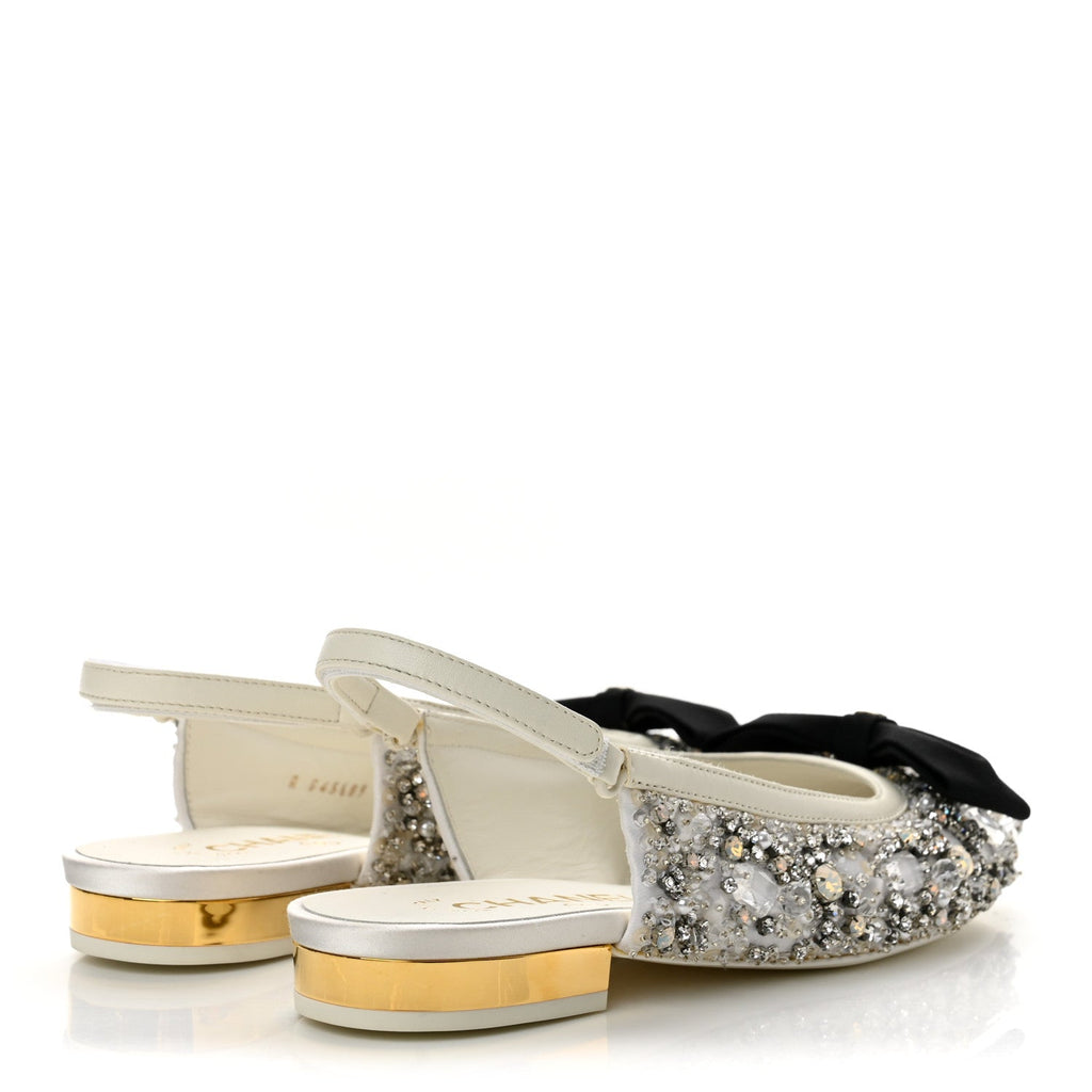 Chanel Satin Crystal Grosgrain Bow CC Slingback Women's Flats
