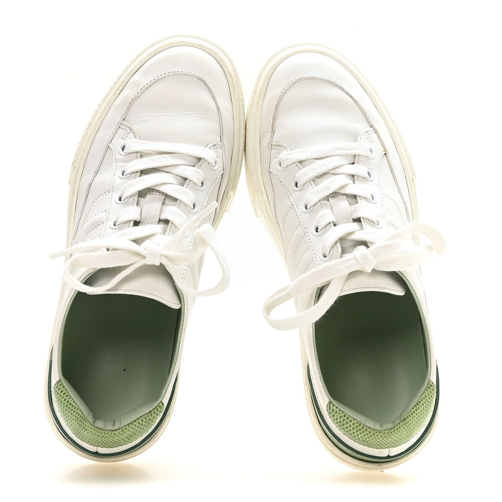 Hermès Crocodile Calfskin Women's Deep Sneakers 37.5 White Vert Jade