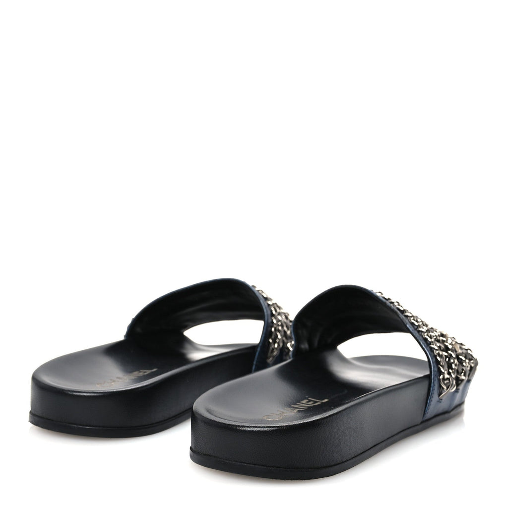 Chanel Lambskin Women's Fantasy Chain Flat Sandals 40 Dark Blue
