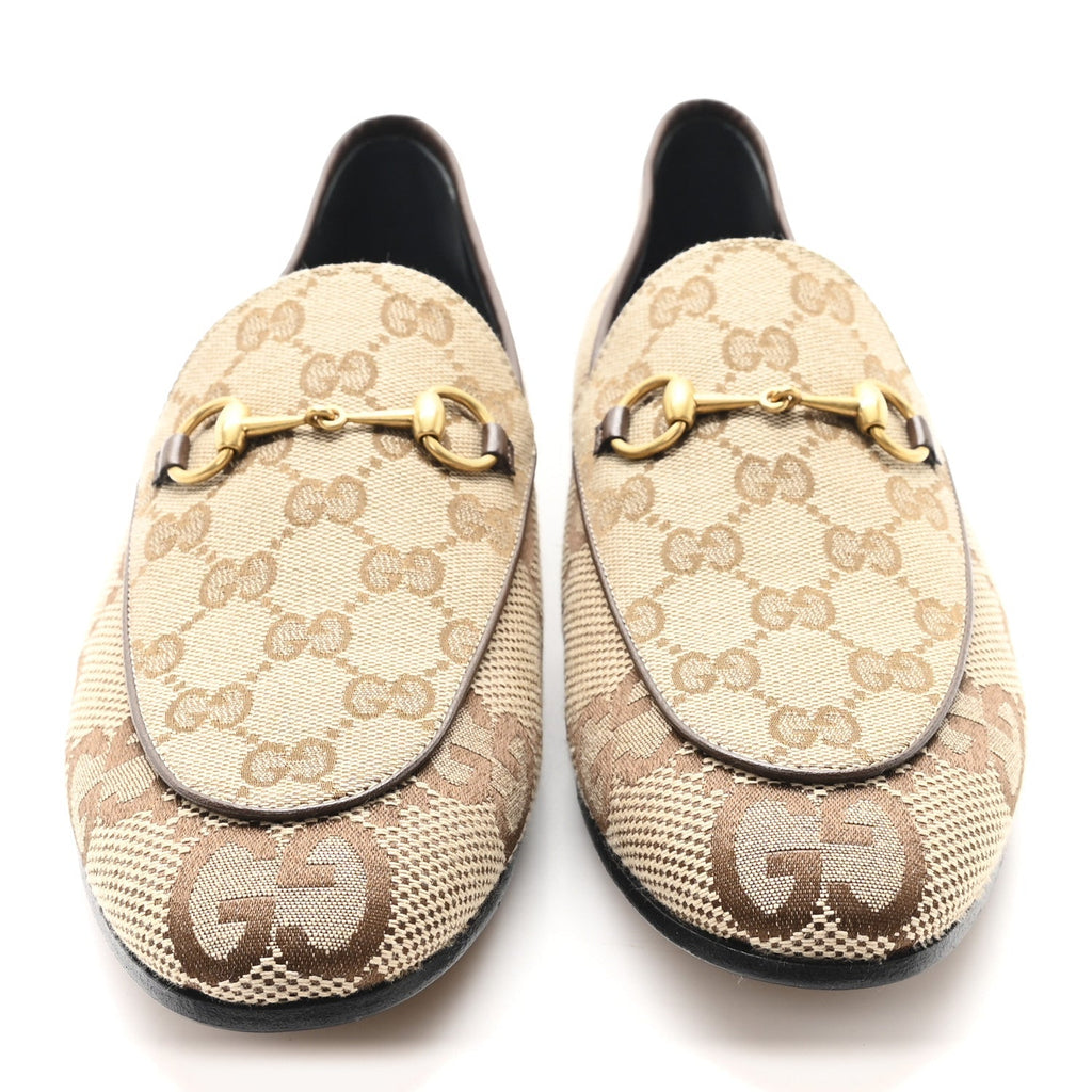 Gucci Monogram Jumbo GG Women's Horsebit Jordaan Loafers 40.5 Camel Ebony Beige