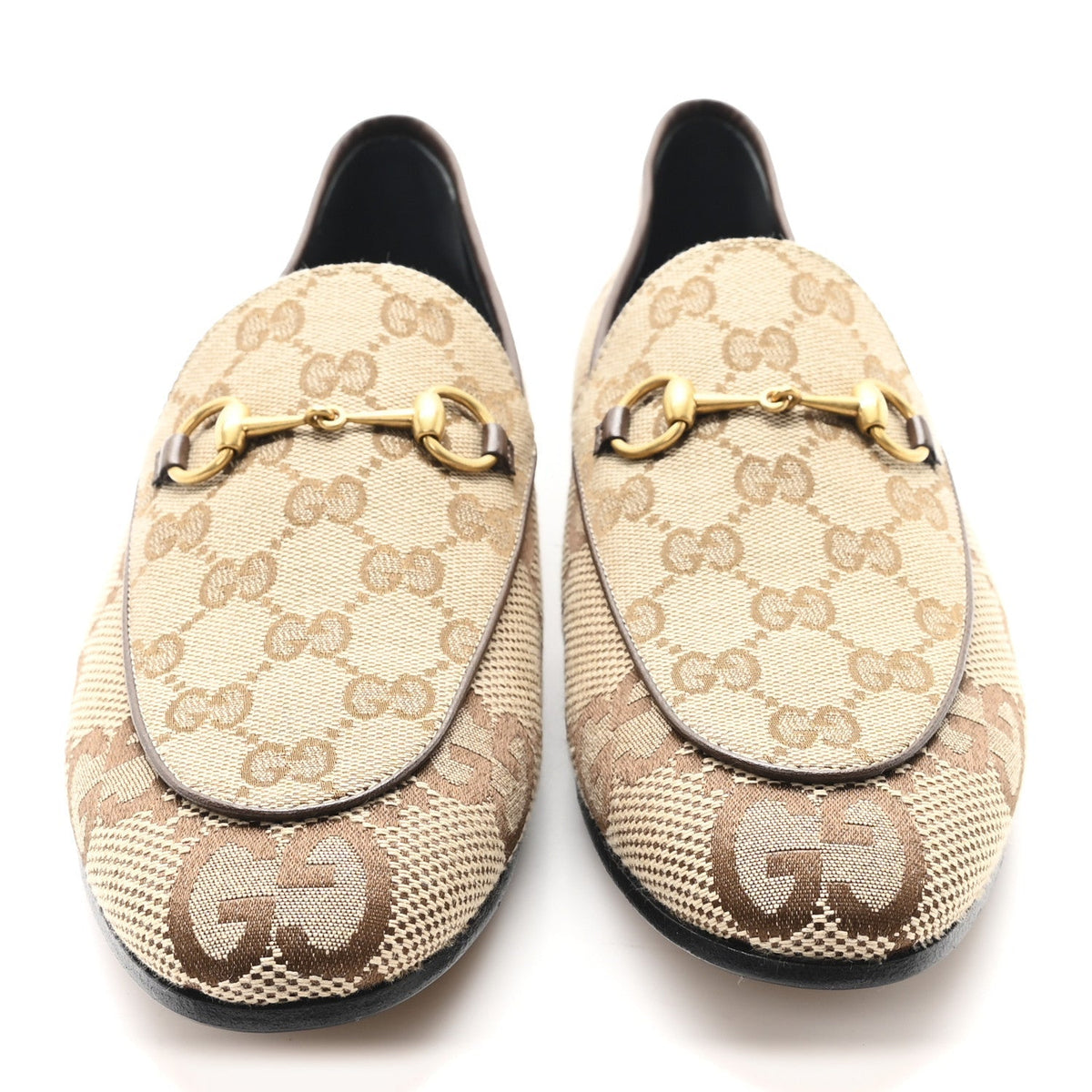 Gucci Monogram Jumbo GG Women's Horsebit Jordaan Loafers 40.5 Camel Ebony Beige