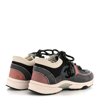 Chanel Fabric Calfskin Suede Women's CC Sneakers 36.5 Grey Pink