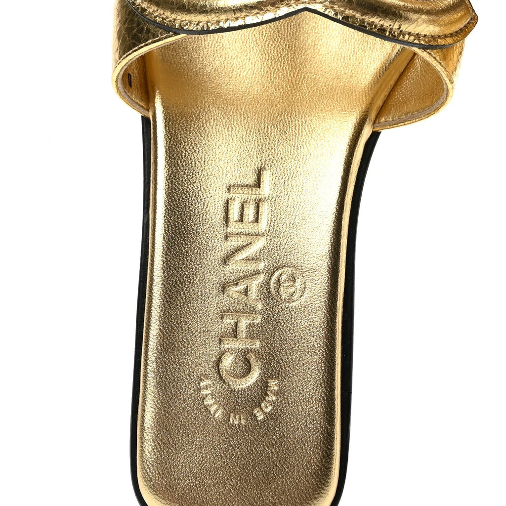 Chanel Crackled Laminated Calfskin CC Cut Out Women's Mules Gold