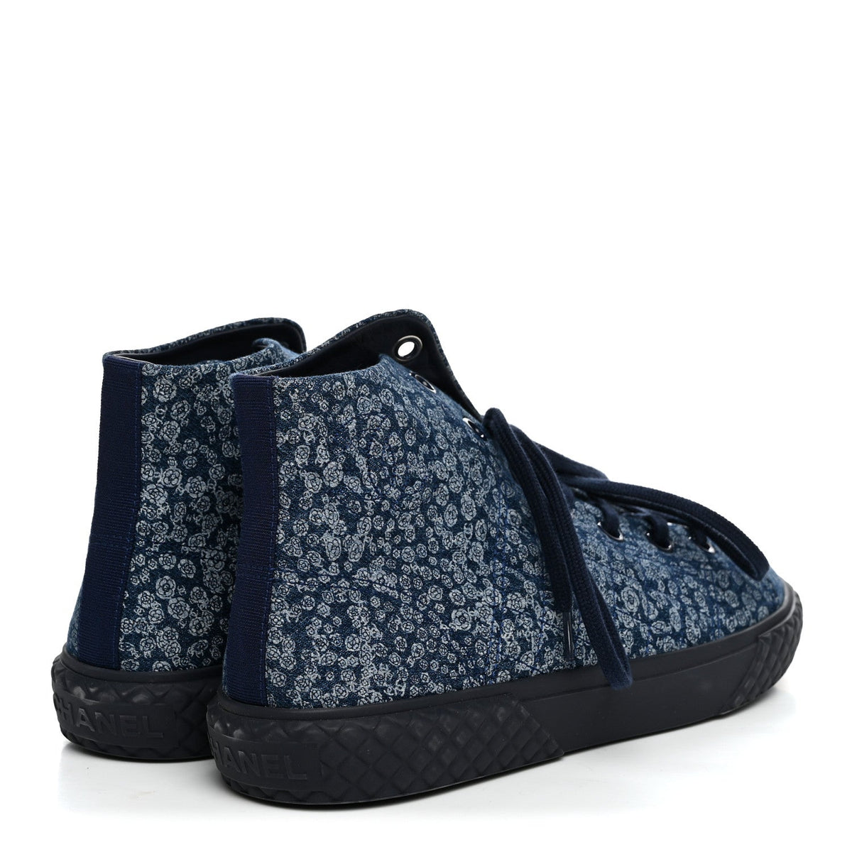 Chanel Printed Denim Women's Quilted High Top Sneakers 41 Dark Blue