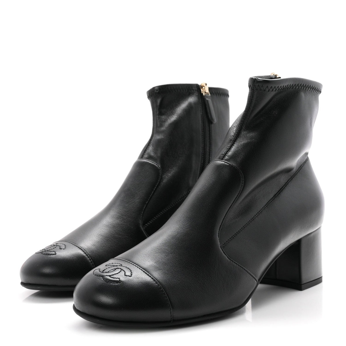 Chanel Stretch Lambskin Women's Cap Toe CC Uniform Short Boots 40.5 Black