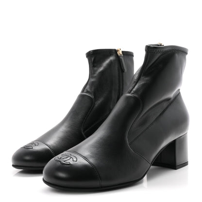 Chanel Stretch Lambskin Women's Cap Toe CC Uniform Short Boots 40.5 Black