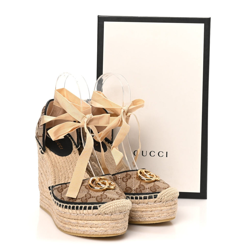 Gucci Canvas Women's GG Marmont Platform Espadrille Wedges 37.5 Beige Black