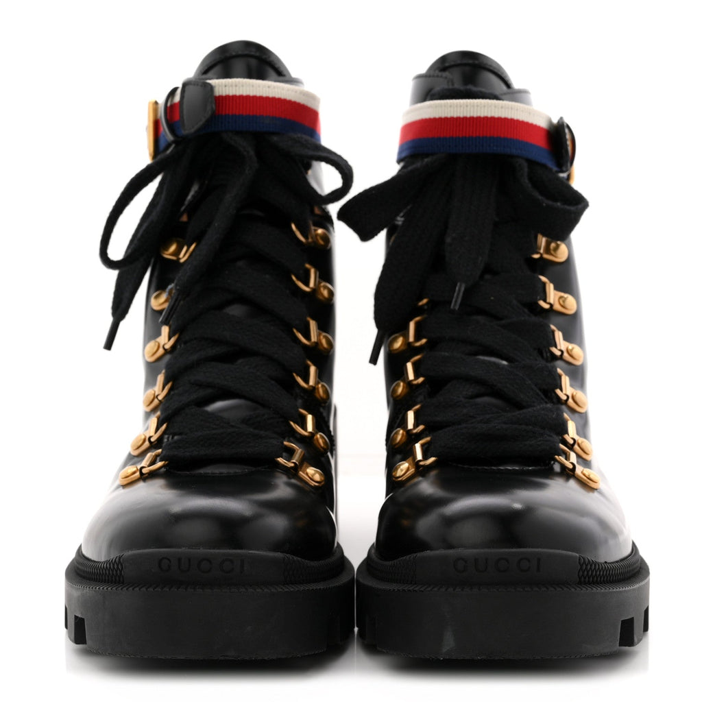 Gucci Calfskin Sylvie Web Women's Lace Up Combat Boots 38 Black