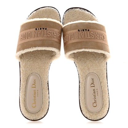 Christian Dior Suede Shearling Women's Dway Slide Sandals 38 Cookie