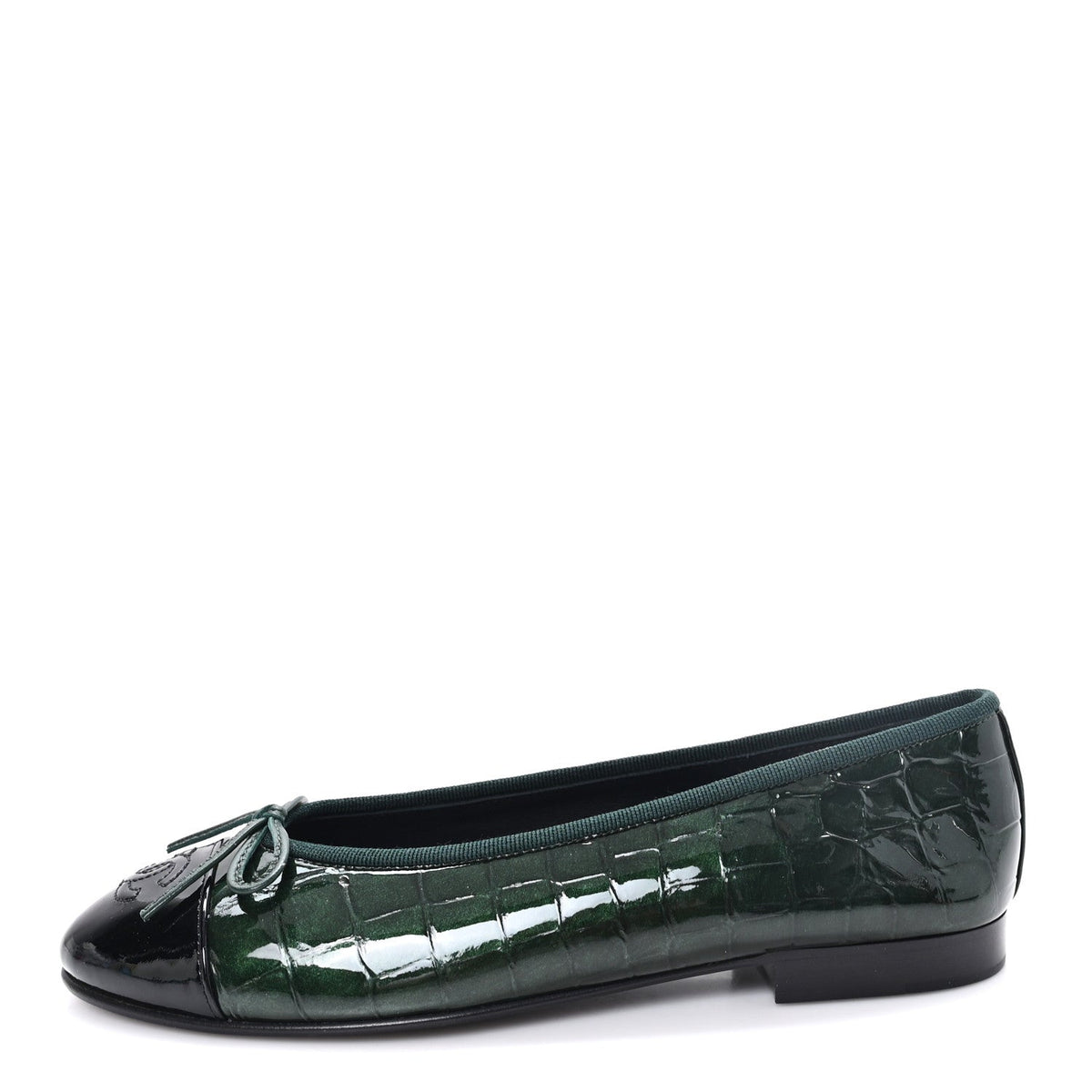 Crocodile Embossed Patent Calfskin Ballet Flats Dark Green Black