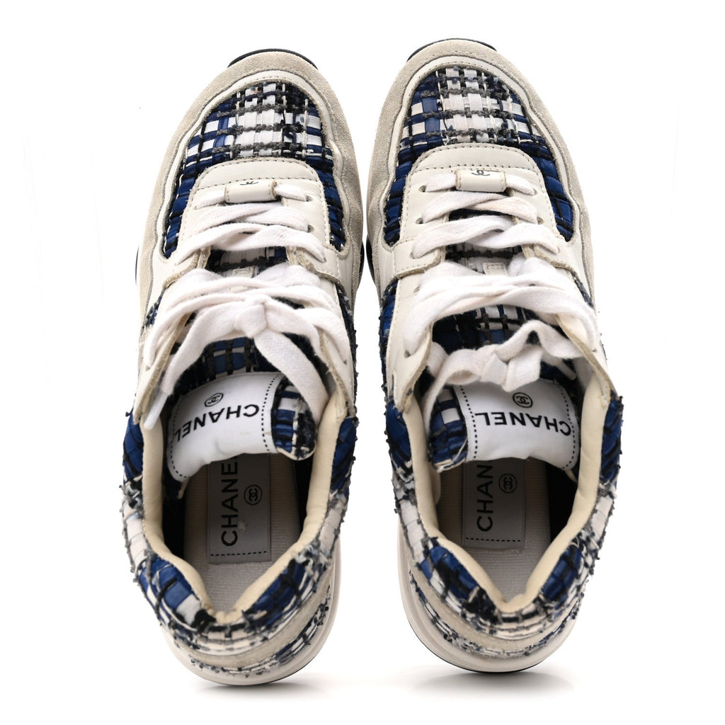 Chanel Tweed Suede Calfskin Women's CC Sneakers 37 Dark Blue Black Grey White