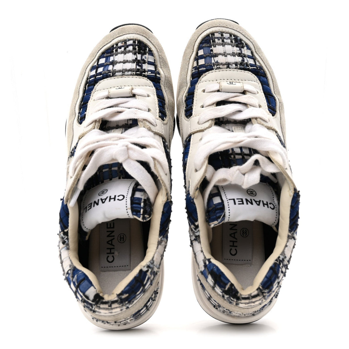 Chanel Tweed Suede Calfskin Women's CC Sneakers 37 Dark Blue Black Grey White