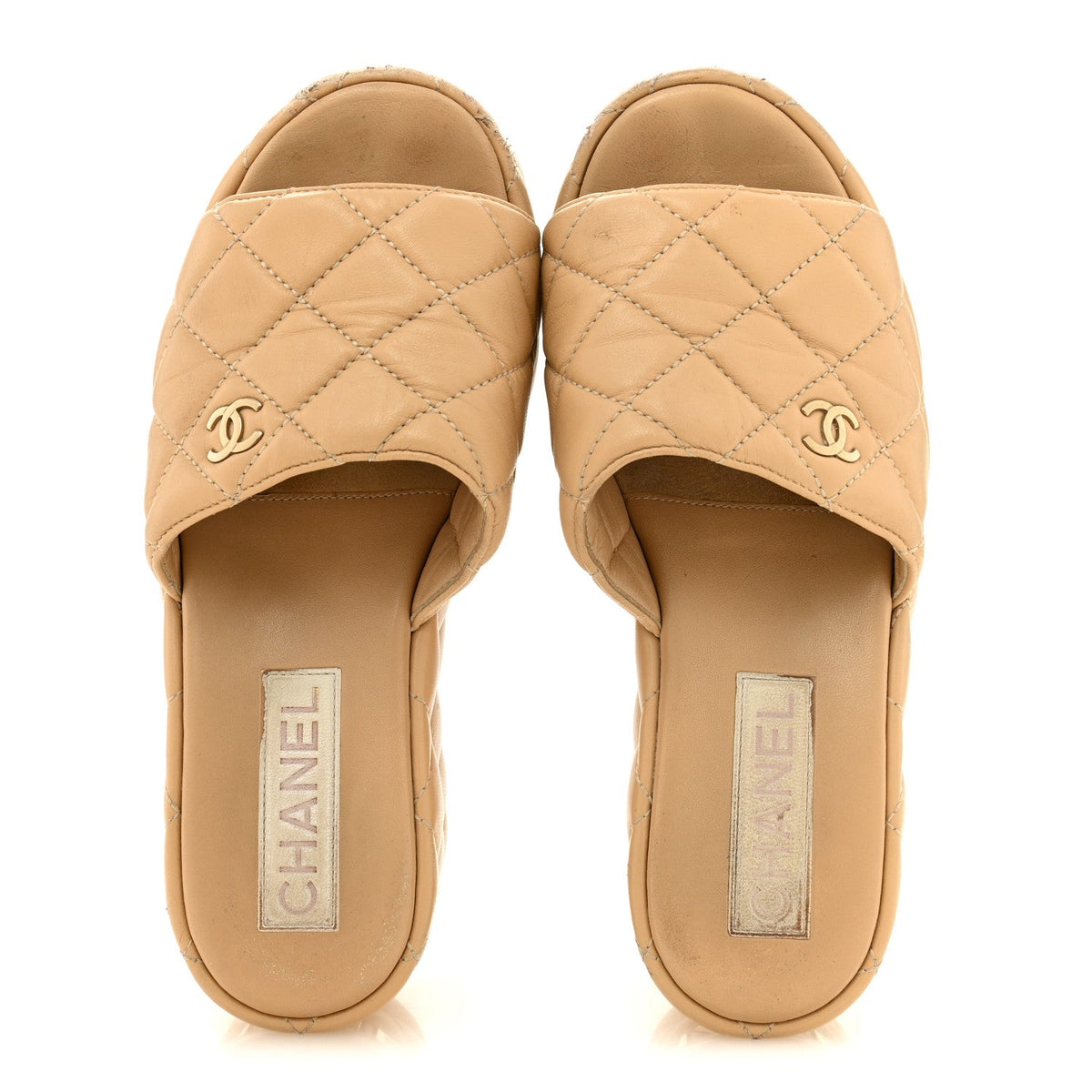 Chanel Lambskin Women's Quilted CC Wedge Mules 36 Beige