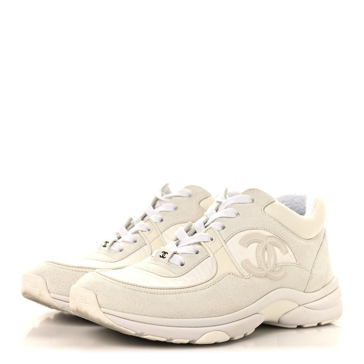 Chanel Suede Calfskin Women's CC Sneakers 37.5 White