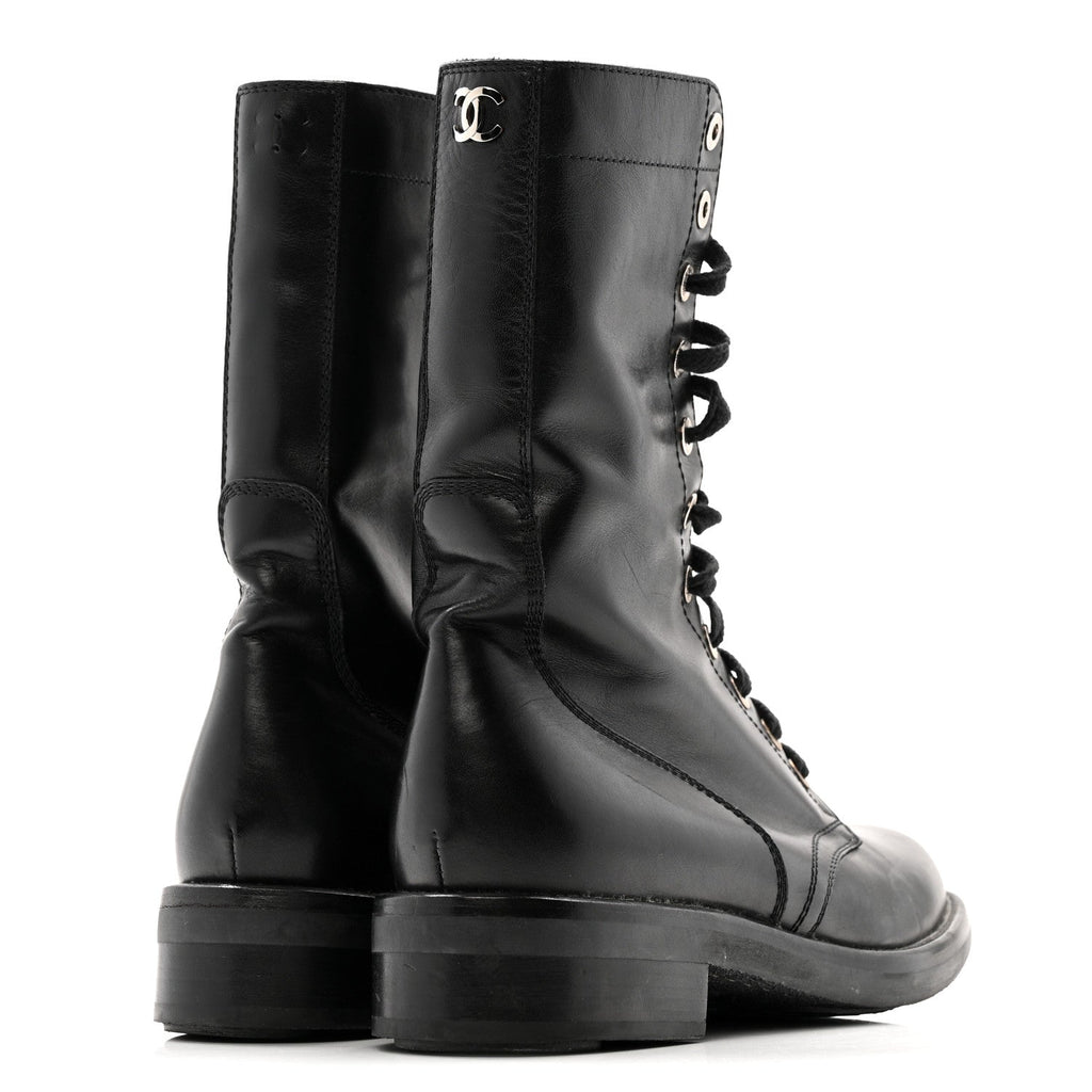 Chanel Calfskin Women's Lace Up Combat Boots 39.5 Black