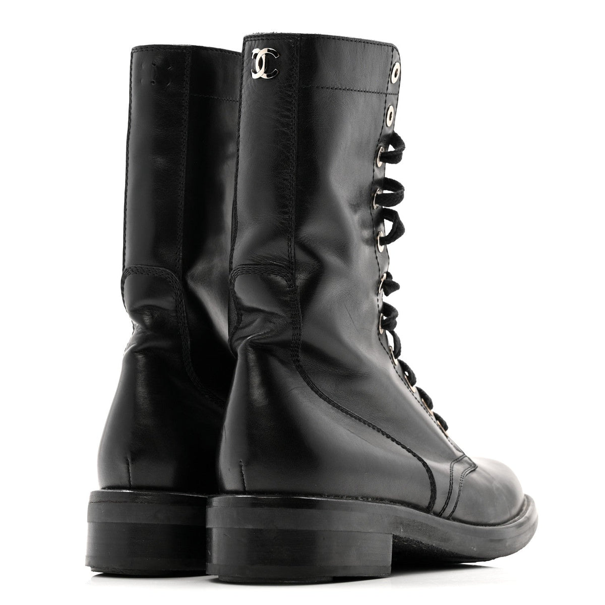 Chanel Calfskin Women's Lace Up Combat Boots 39.5 Black