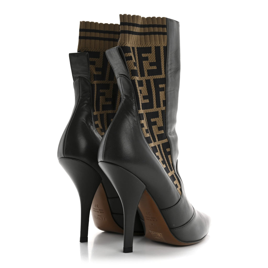 Fendi Nappa Microfiber Fabric Women's FF Rockoko Sock Boots 37 Ebano Tobacco Black