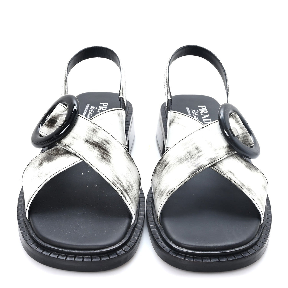 Prada Spazzolato Calfskin Women's Re-Edition 1996 Buckle Sandals 39 Bianco