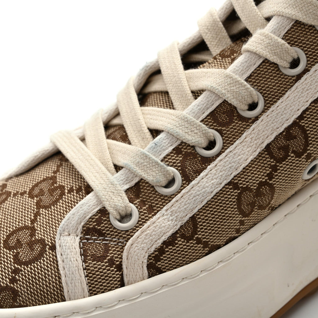Gucci Canvas Women's GG Monogram Tennis 1977 High Top Platform Sneakers 38.5 Beige Ebony