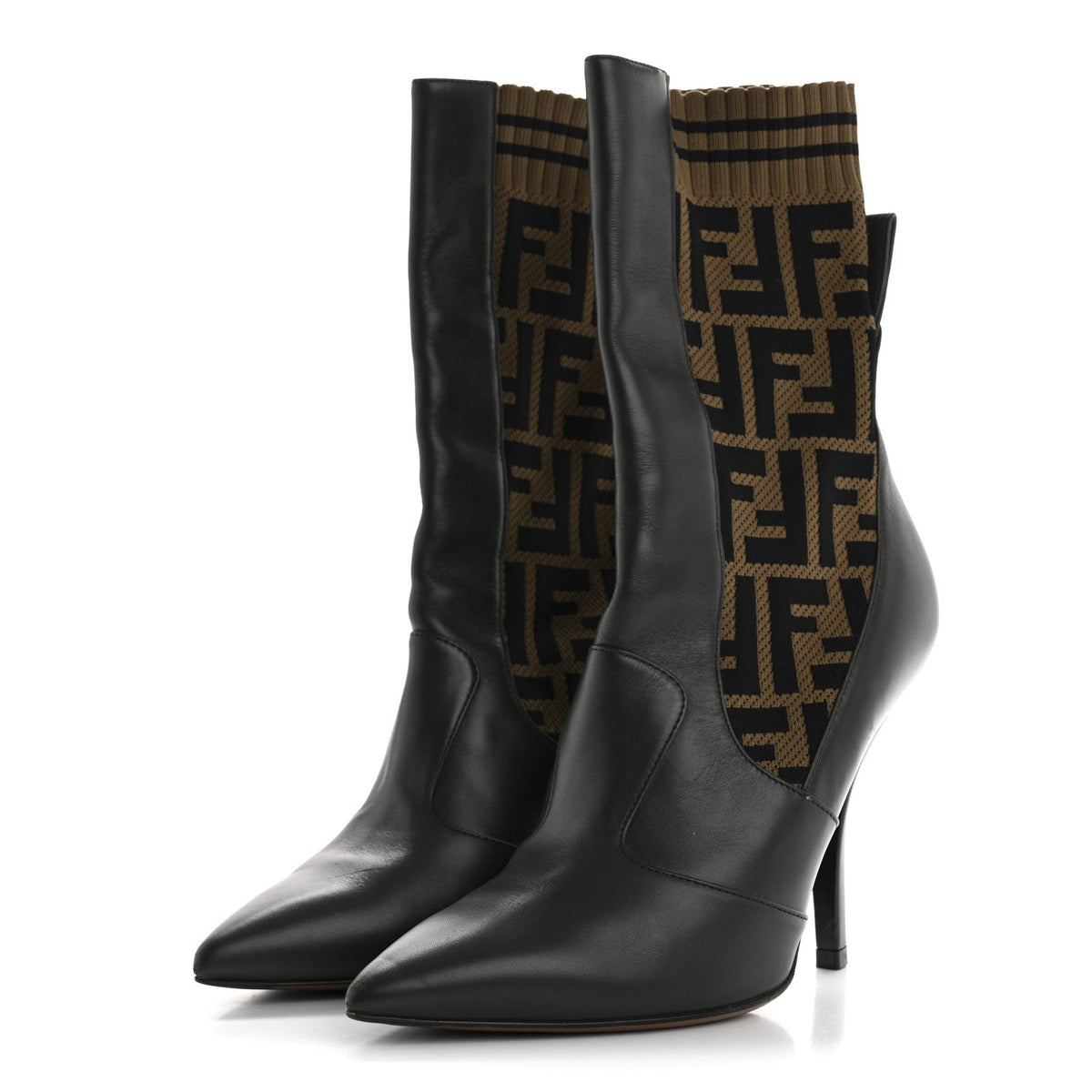 Fendi Nappa Microfiber Fabric Women's FF Rockoko Sock Boots 37 Ebano Tobacco Black