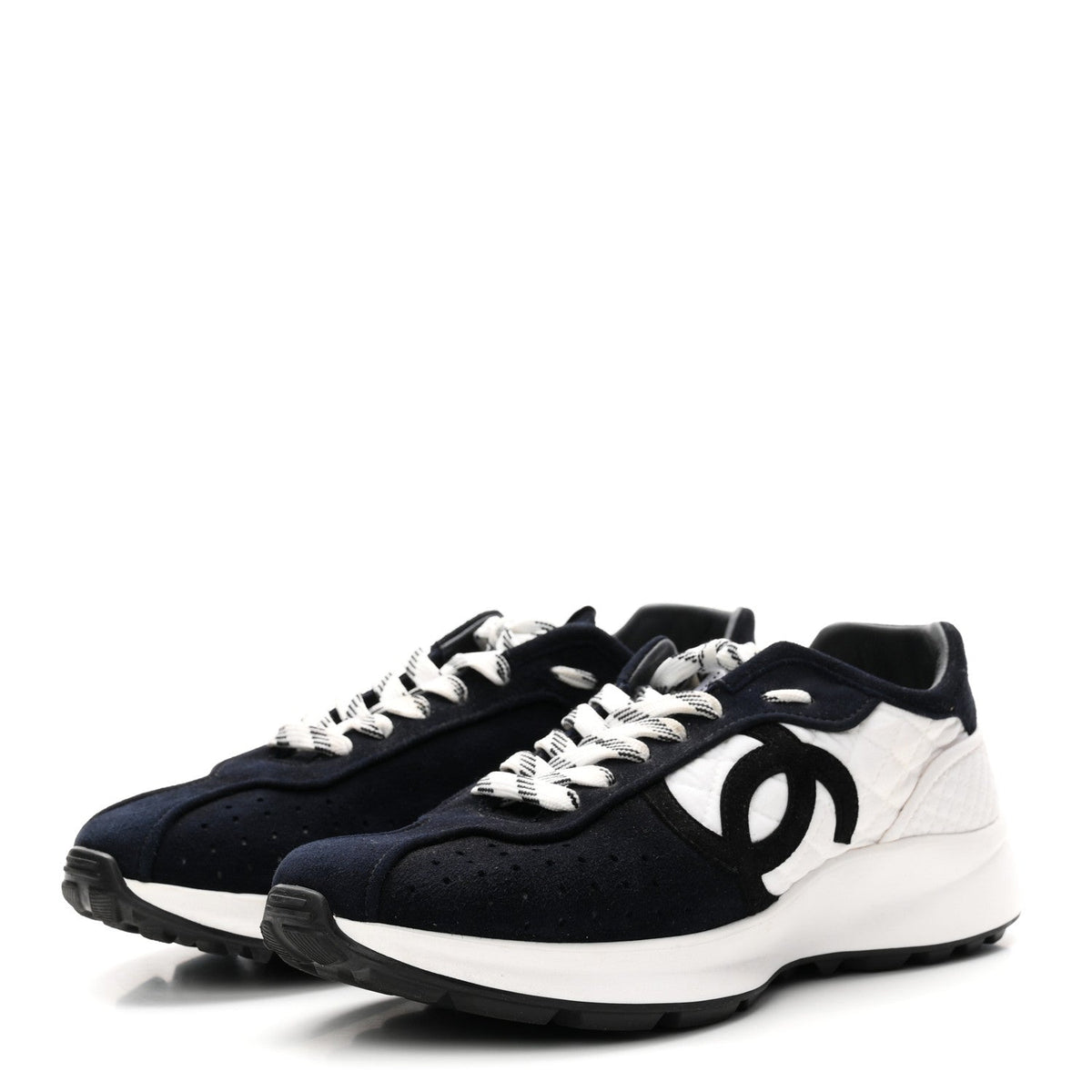 Chanel Fabric Suede Kidskin Women's CC Sneakers 41 Dark Navy White