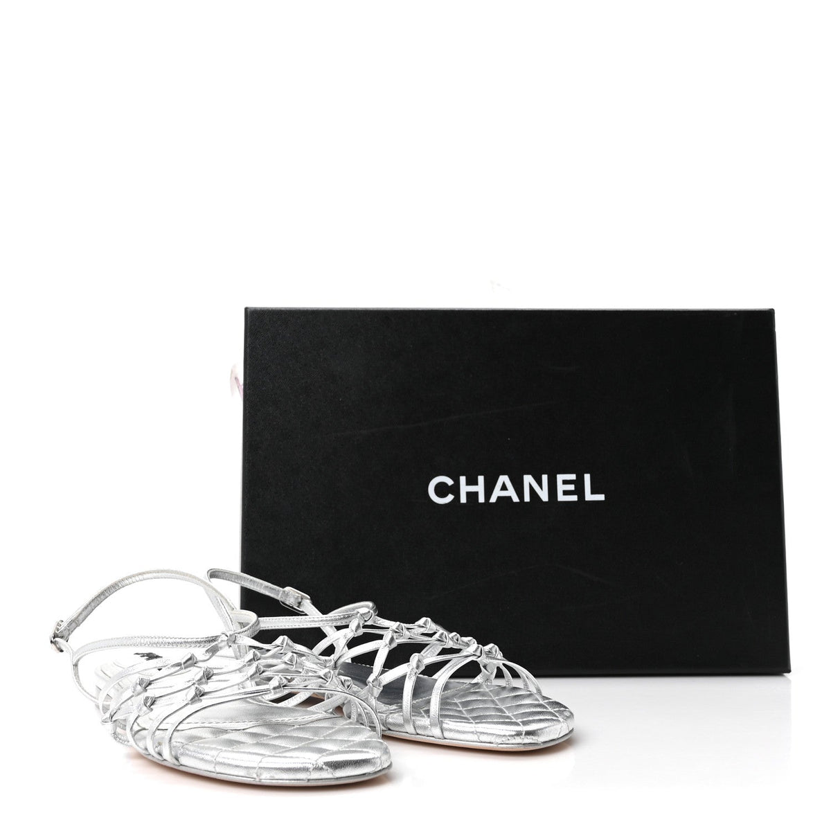 Chanel Laminated Lambskin Women's CC Sandals 36.5 Silver