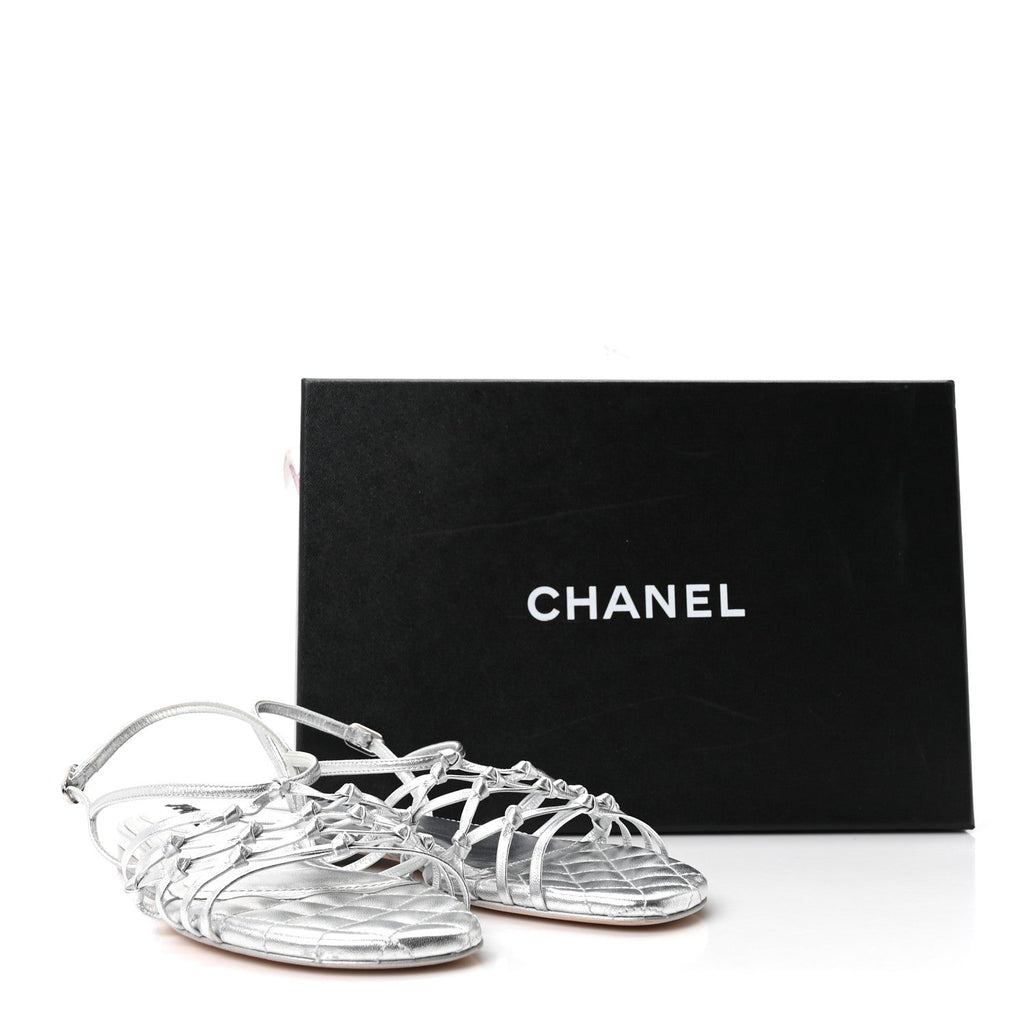 Chanel Laminated Lambskin Women's CC Sandals 36.5 Silver