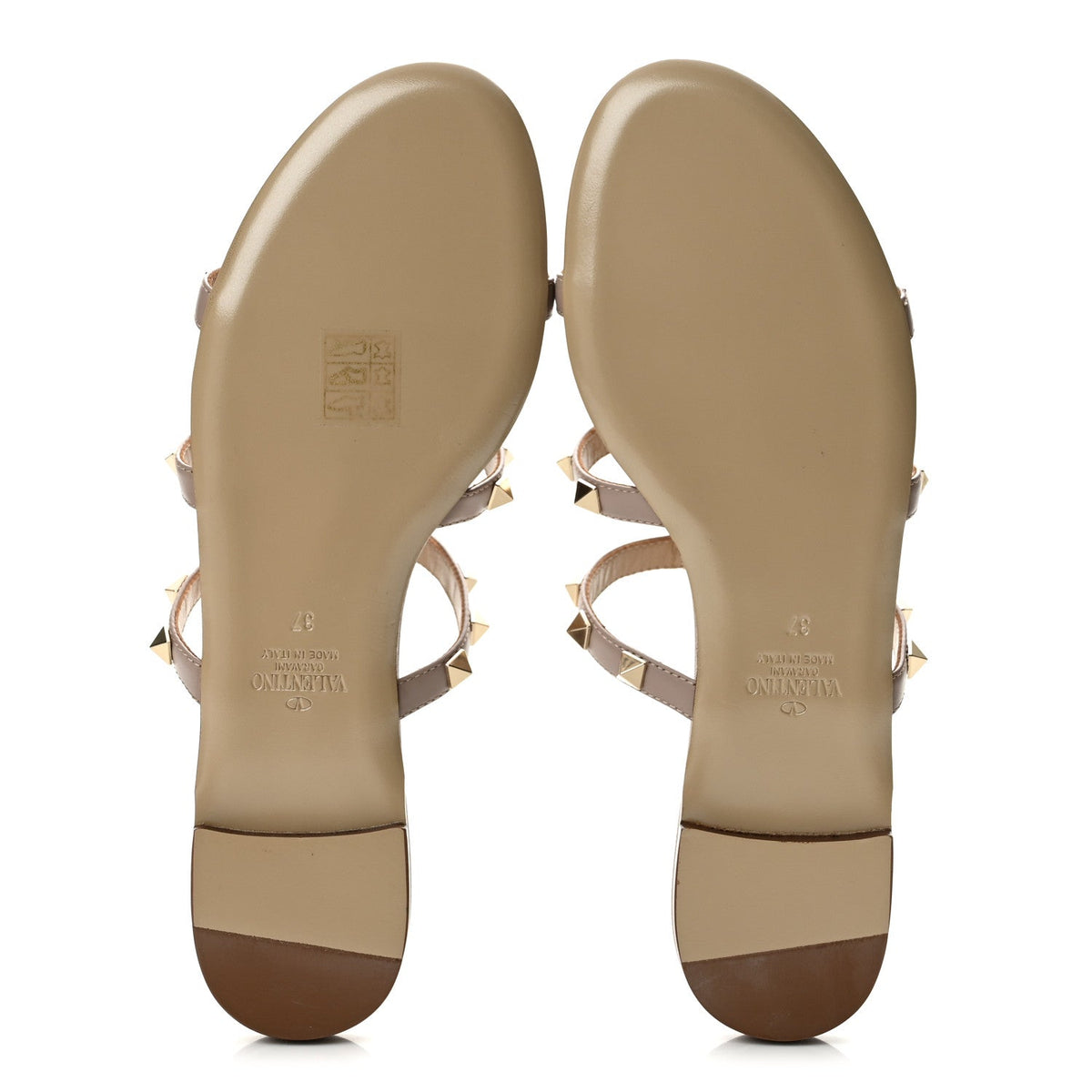 Valentino Garavani Calfskin Women's Rockstud Caged Flat Slide Sandals 37 Poudre