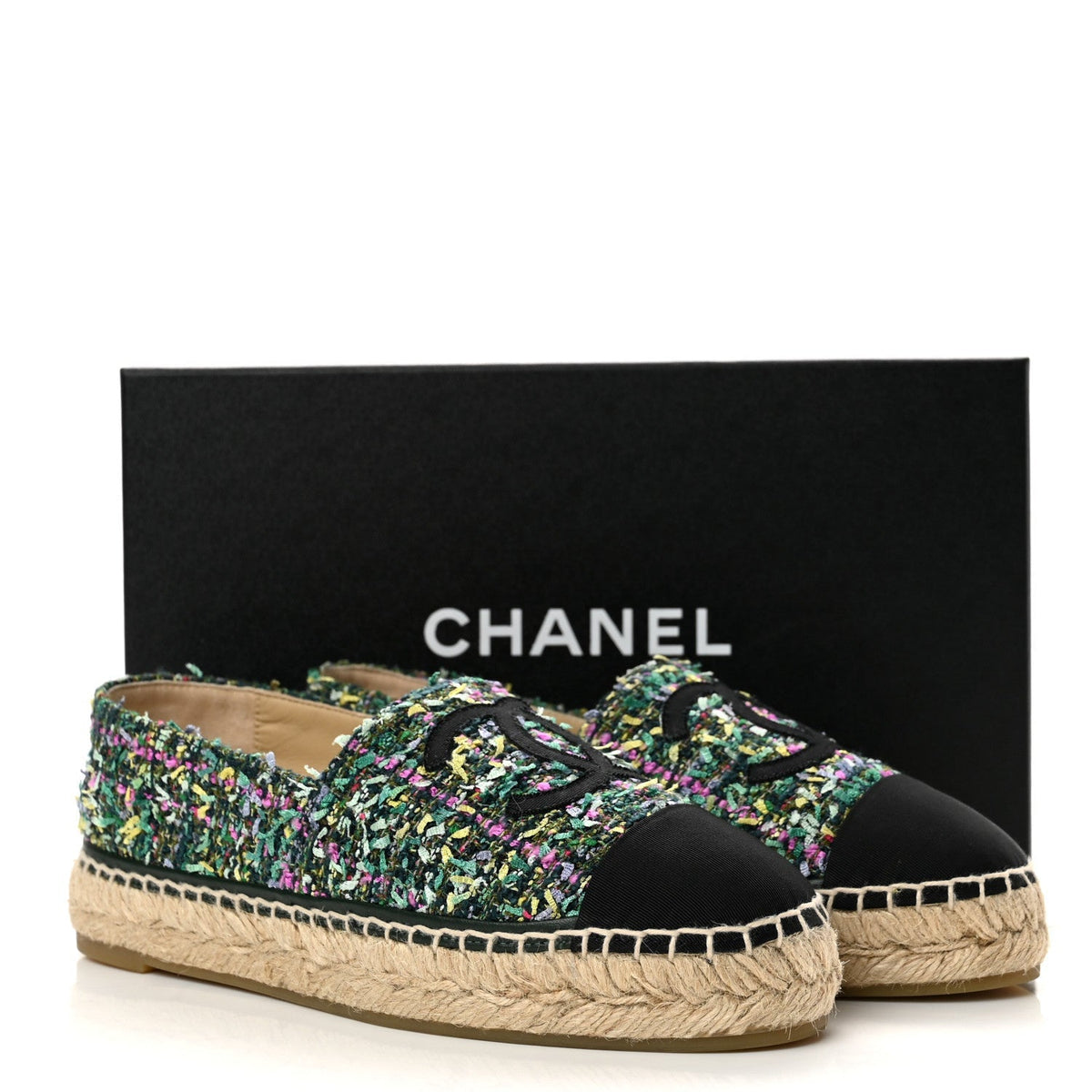 Chanel Tweed Grosgrain Women's CC Espadrilles 37 Multicolor