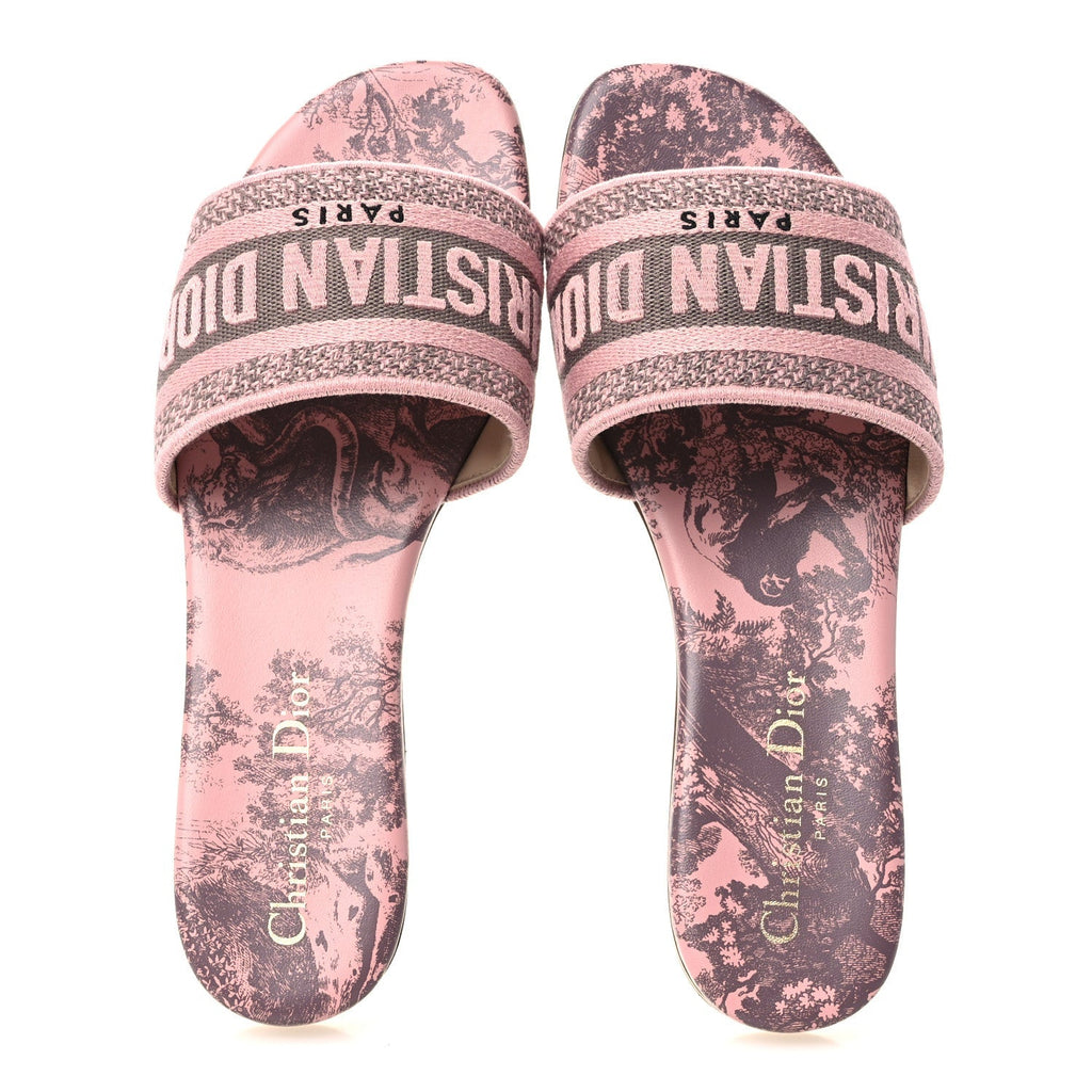 Christian Dior Canvas Women's Toile De Jouy Embroidered Dway Flat Slide Sandals 36 Chateau Rose
