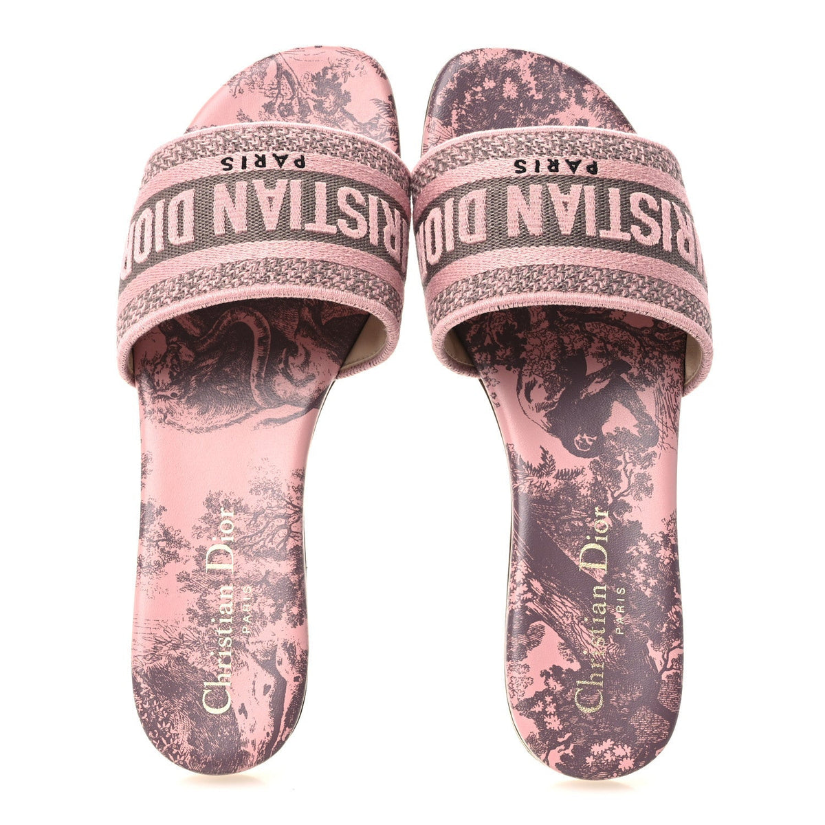 Christian Dior Canvas Women's Toile De Jouy Embroidered Dway Flat Slide Sandals 36 Chateau Rose