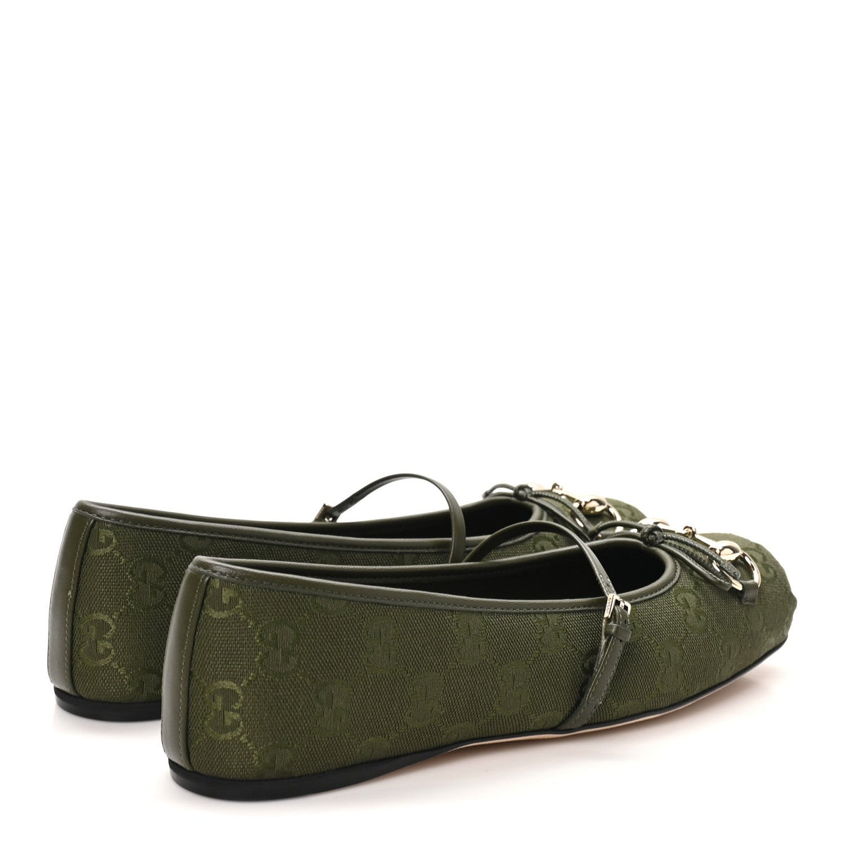 Gucci GG Canvas Women's Monogram Horsebit Bow Ballet Flats 39 Green