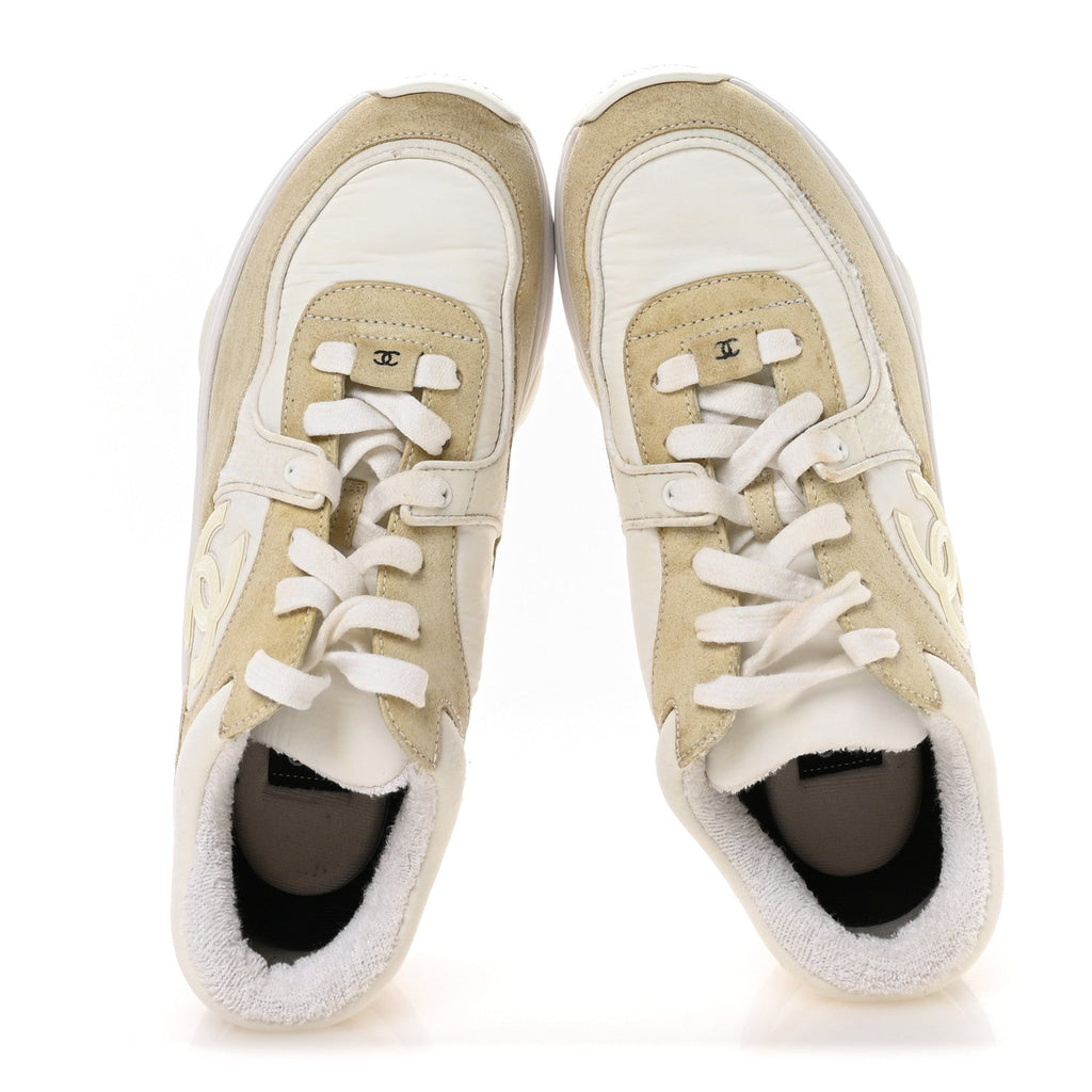 Chanel Suede Calfskin Fabric Women's CC Sneakers 37.5 White