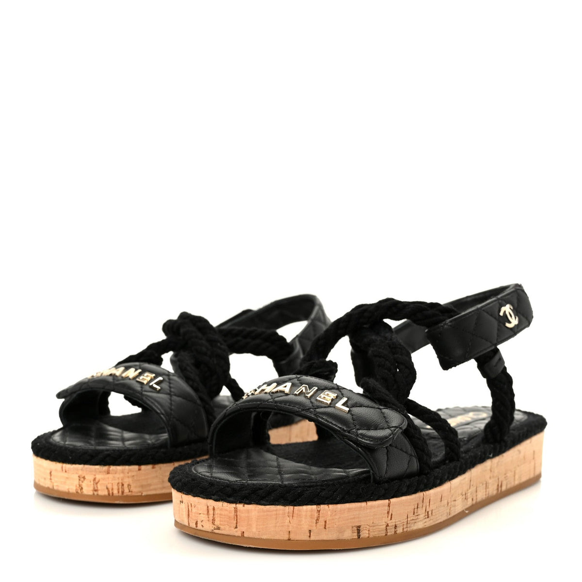 Chanel Cord Lambskin Women's Quilted Logo Sandals 37 Black
