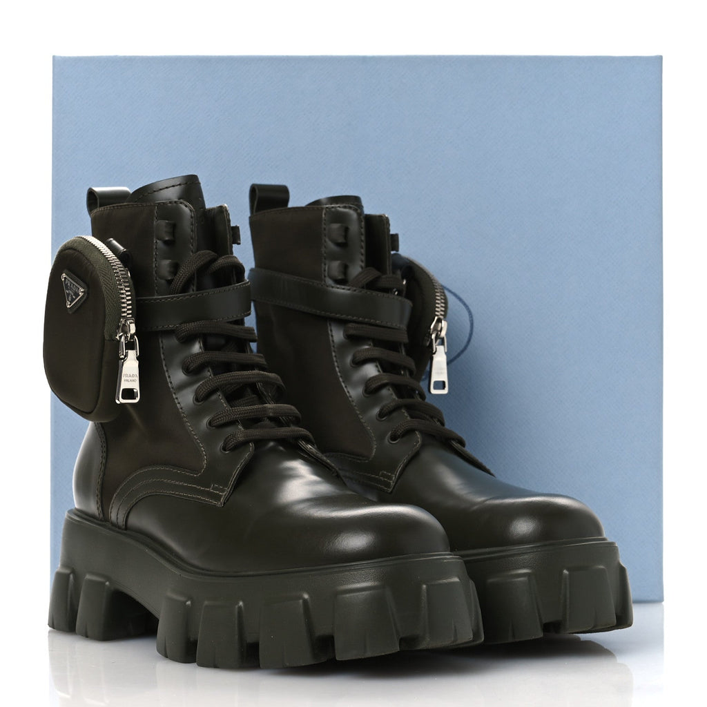 Prada Spazzolato Rois Re-Nylon Women's Monolith Boots 40 Militare